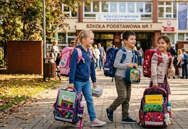 Dzieci z plecakami szkolnymi przed szkołą podstawową — powrót do szkoły 2026 