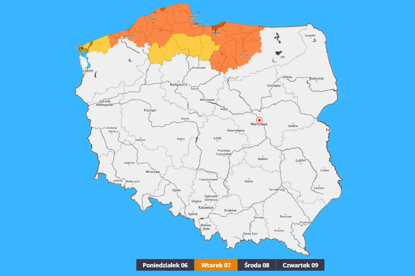 W nocy z wtorku na środę na północy Polski trzeba się liczyć z niebezpiecznymi wichurami Północna część Polski oznaczona pomarańczowym i żółtym kolorem, wskazując alert pogodowy na wtorek 7. dnia miesiąca, podczas gdy reszta kraju pozostaje bez ostrzeżeń.