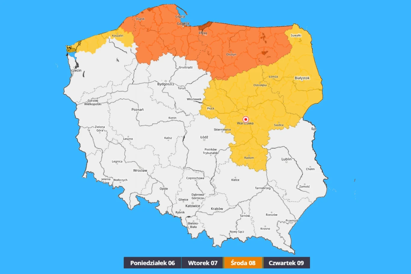 Środowe wichury osiągną prędkość do 100 km/h, więc mogą się okazać bardzo niebezpieczne Mapa Polski z podziałem na regiony oznaczone kolorami pomarańczowym i żółtym wskazującymi ostrzeżenia pogodowe, obejmujące głównie północną oraz północno-wschodnią część kraju.