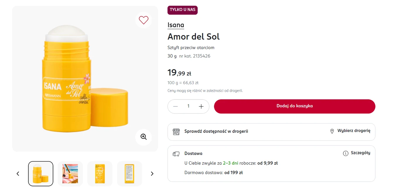 Żółty sztyft Isana Amor del Sol z widocznym białym balsamem oraz zdjęcie zbliżonej etykiety produktu.