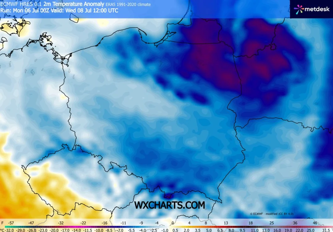 Anomalia temperatur w środę będzie wysoka. Ten dzień zapowiada się na zdecydowanie chłodniejszy niż zwykle o tej porze roku Mapa Polski ilustrująca anomalię temperatury przy powierzchni gruntu, z wyraźnie zaznaczonymi obszarami niższych temperatur w północno-wschodniej części kraju, oznaczonymi ciemnoniebieskimi odcieniami, oraz cieplejszymi rejonami na południowym zachodzi...