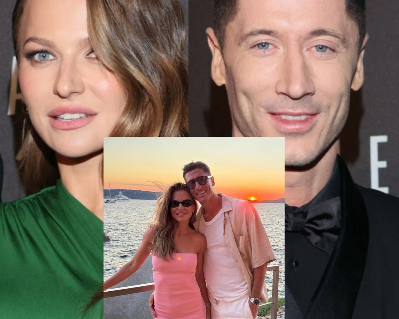 Anna i Robert Lewandowscy Para ubrana w letnie stroje pozuje razem na tle zachodzącego słońca nad wodą, z uśmiechami na twarzach.