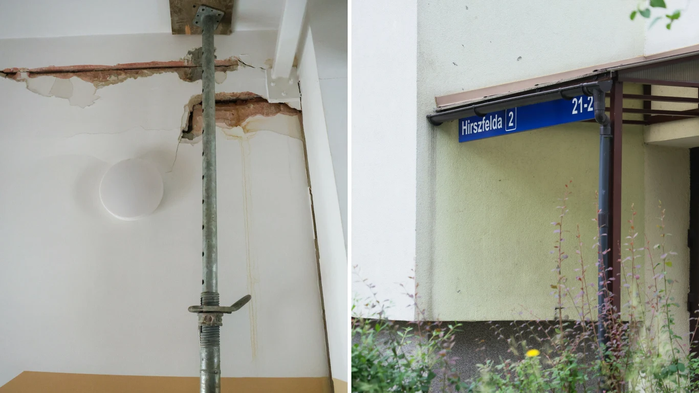Pękający blok przy ul. Hirszfelda 2 w Warszawie Pękający blok na ul. Hirszfelda 2 w Warszawie, uszkodzony sufit z podpórką, fragment elewacji z adresem.