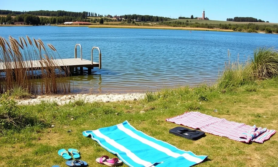 Kąpielisko strzeżone — flagi i boje na polskiej plaży Kąpielisko strzeżone z żółtymi bojami i flagą na plaży