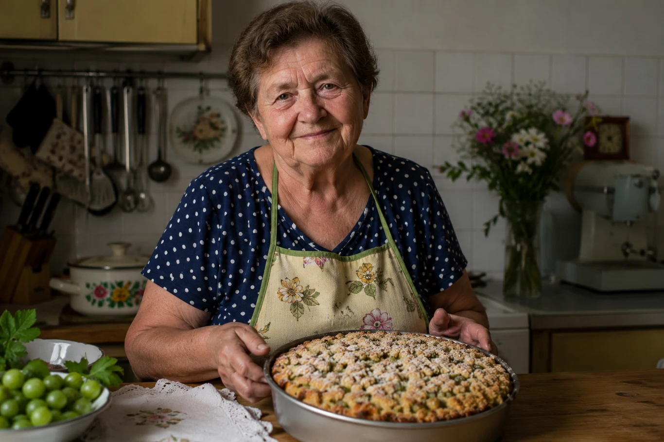 Starsza kobieta z uśmiechem trzyma okrągłą blachę z upieczonym, posypanym cukrem ciastem, mając na sobie fartuch w jasnych kolorach; w tle kuchenny blat z bukietem kwiatów w wazonie.