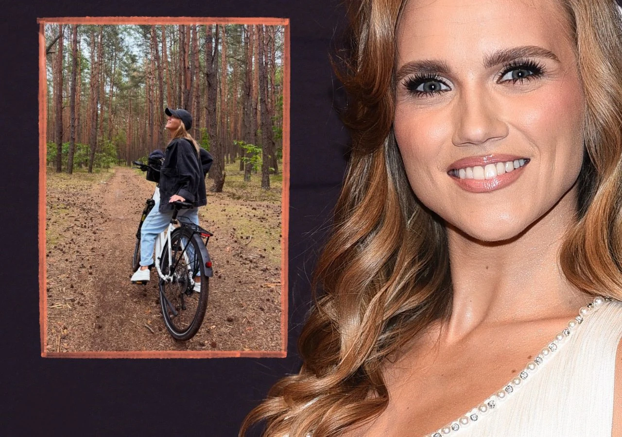 Agnieszka Kaczorowska pokazała, jak lubi odpoczywać. Uśmiechnięta kobieta w stroju wieczorowym z rozpuszczonymi włosami, obok zdjęcie kobiety jadącej rowerem po leśnej ścieżce.