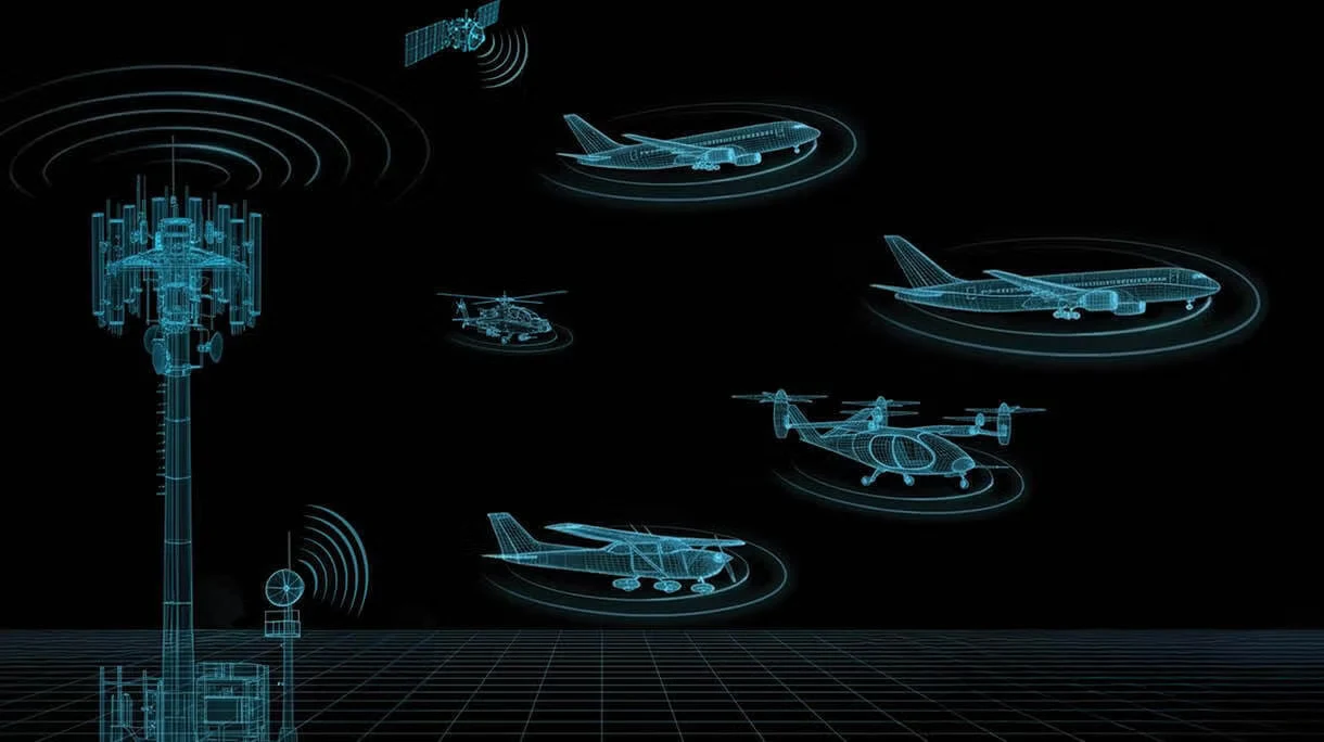 Schematyczne sylwetki różnych statków powietrznych, takich jak satelita, samoloty, helikopter i dron, połączone wizualizacją sygnałów radiowych z masztem komunikacyjnym.