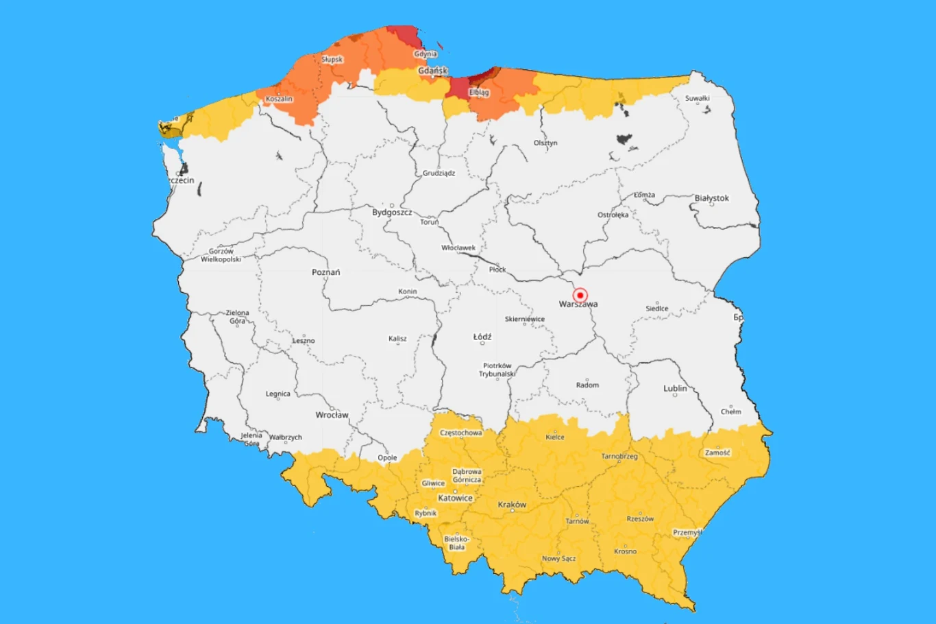 Mapa Polski z zaznaczonymi ostrzeżeniami meteorologicznymi – wybrzeże i północ kraju oznaczone na pomarańczowo, południe na żółto, pozostała część kraju bez ostrzeżeń, z wyraźnie oznaczonymi granicami województw i nazwą Warszawy.