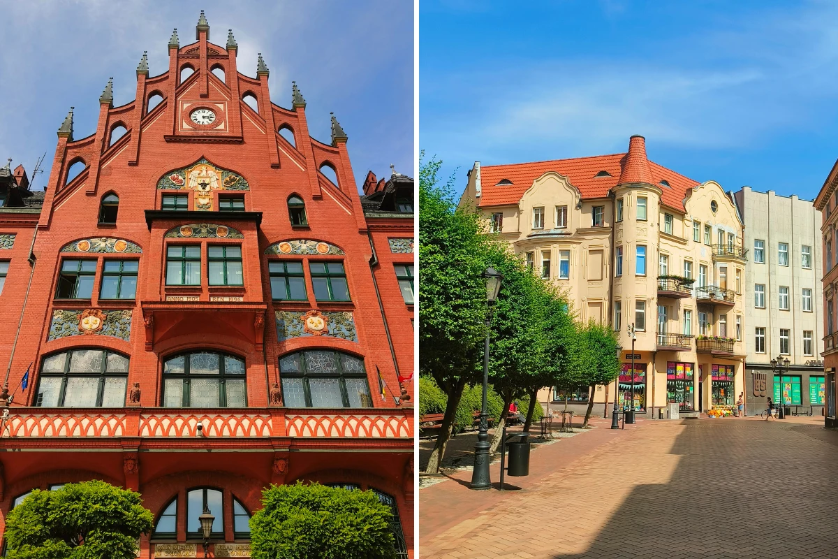 Ceglana kamienica z ozdobnymi detalami architektonicznymi i zegarem na szczycie po lewej stronie oraz jasne kamienice z balkonami, sklepami na parterze i brukowanym deptakiem otoczonym zielenią po prawej stronie.