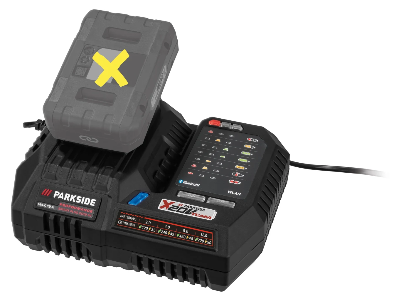 Ładowarka Parkside X20V Team z umieszczonym akumulatorem, panel z diodami LED informującymi o statusie ładowania.