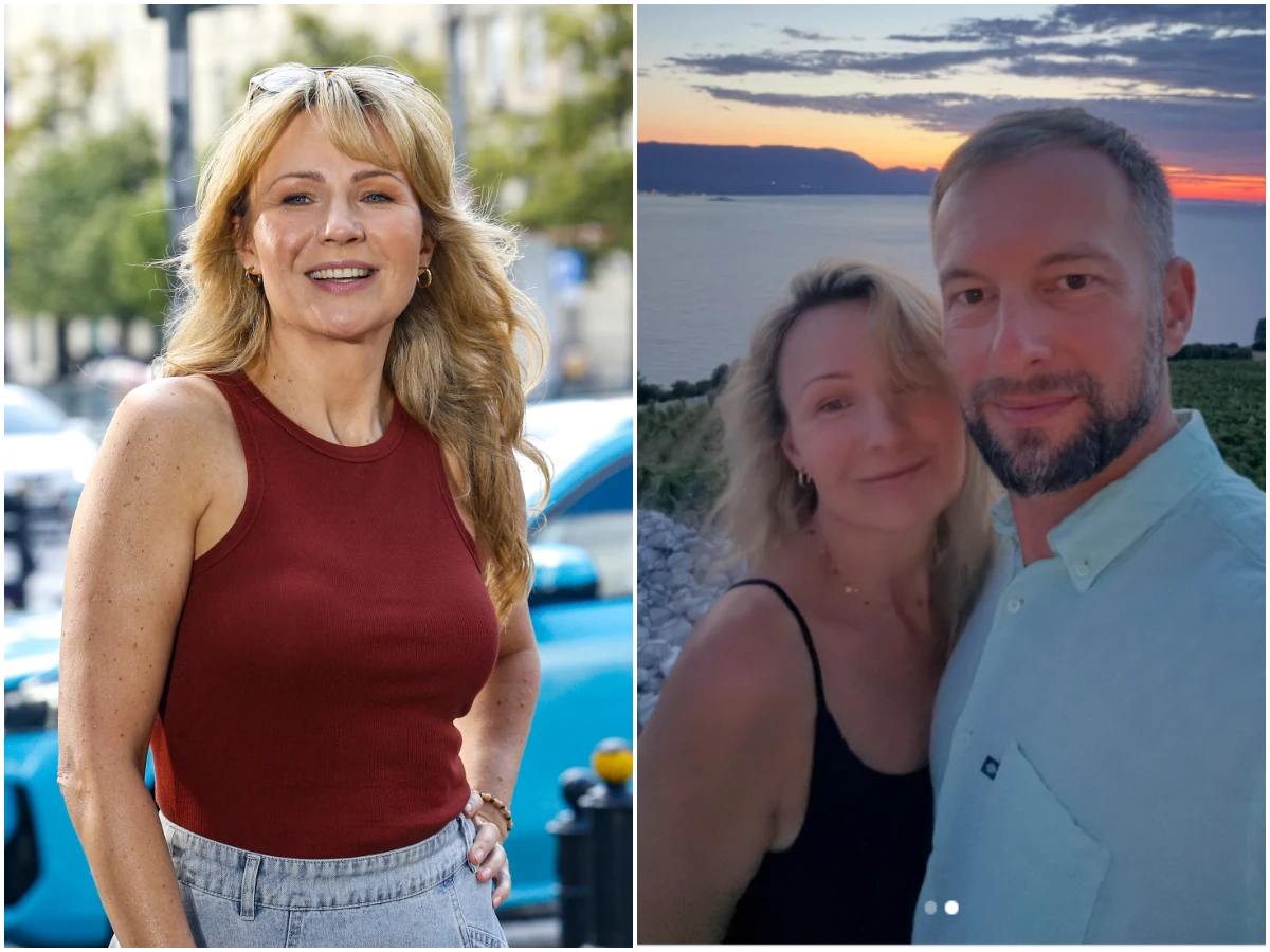Anna Guzik, fot. https://www.instagram.com/anna_guzik_/ Uśmiechnięta kobieta w bordowej bluzce na jasnoniebieskim tle miasta, obok para pozująca do selfie na tle spokojnego morza i zachodzącego słońca.