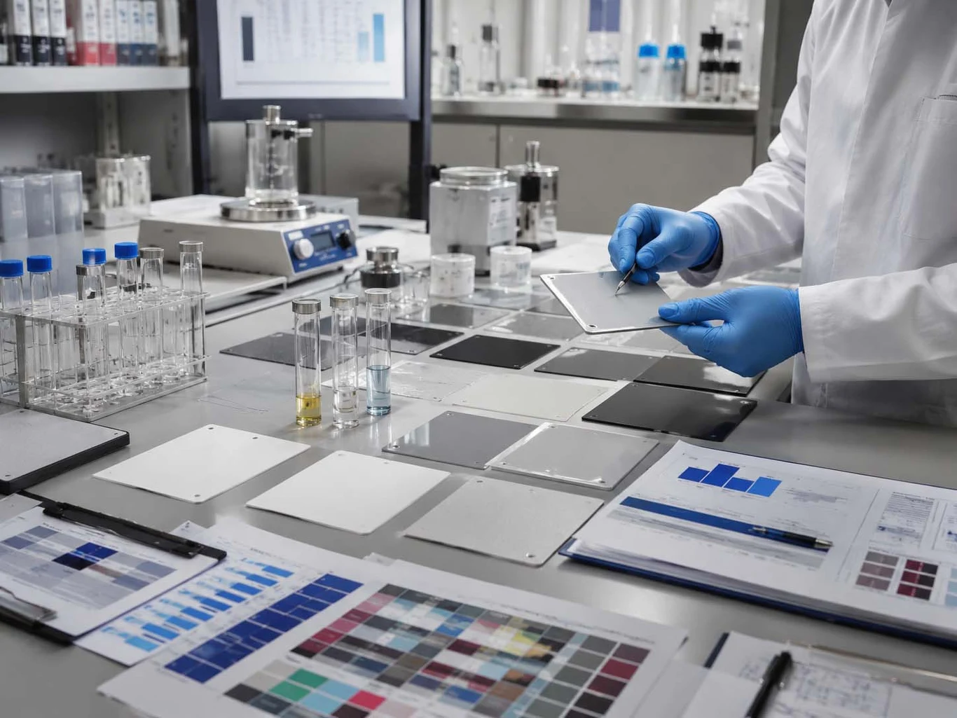 Laborant w białym fartuchu i niebieskich rękawiczkach analizuje próbki kolorowych płyt, otoczony probówkami, arkuszami z próbkami kolorów oraz notatkami laboratoryjnymi.