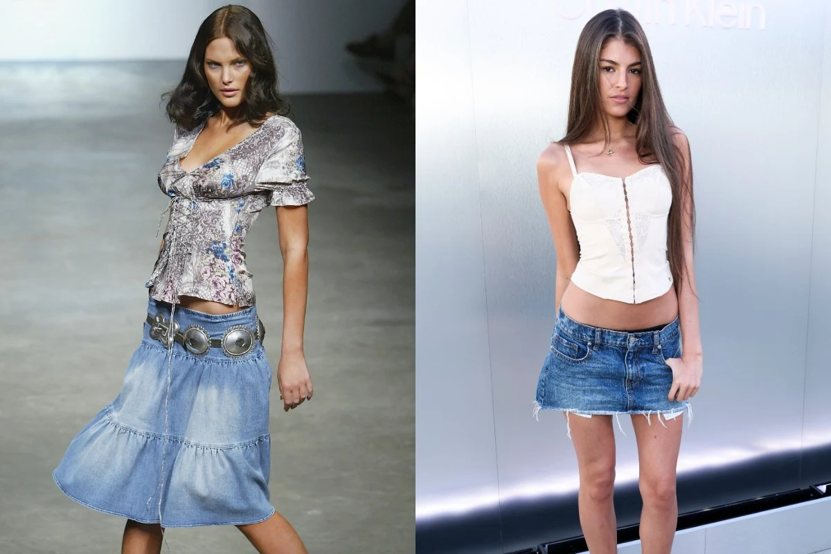 Dwie kobiety prezentujące stylizacje z dżinsowymi spódnicami; po lewej modelka w rozkloszowanej spódnicy do kolan, kwiecistej bluzce i szerokim pasie z metalowymi zdobieniami, po prawej kobieta w krótkiej, prostej spódniczce oraz jasnym topie na ramiąc...
