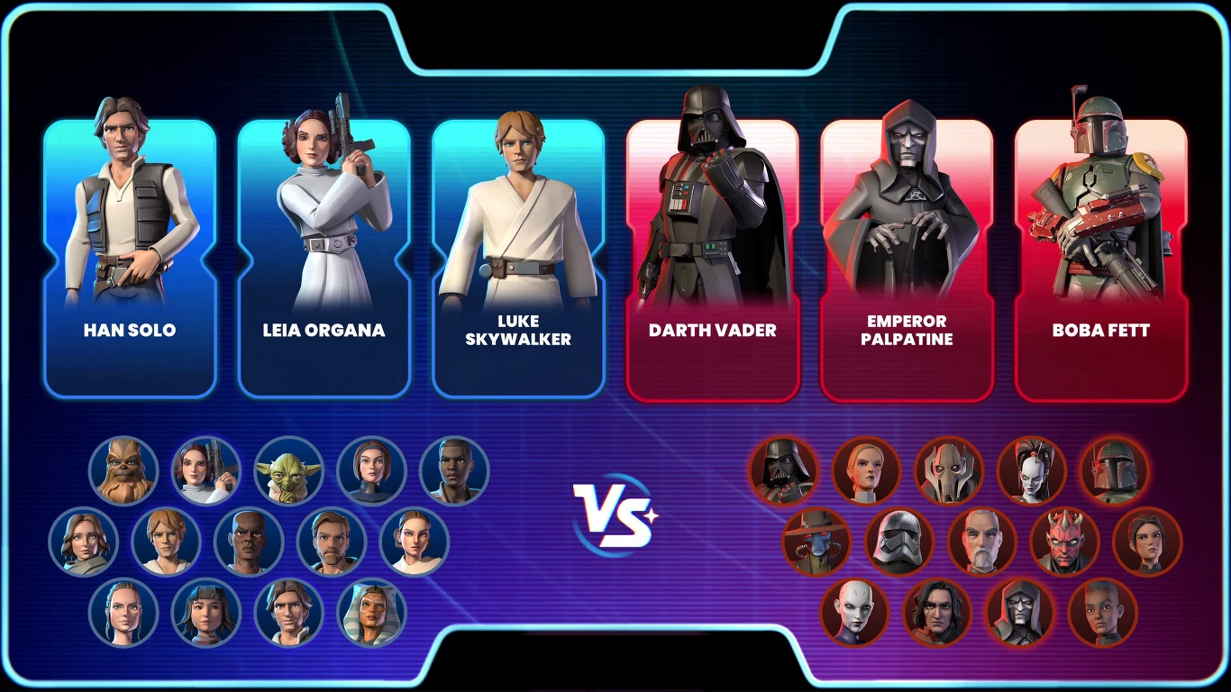 Postacie Han Solo, Leia Organa i Luke Skywalker ustawione po lewej stronie naprzeciwko Dartha Vadera, Imperatora Palpatine’a i Boby Fetta po prawej stronie wraz z okrągłymi portretami ich sojuszników, rozdzielone symbolem "VS" pośrodku.