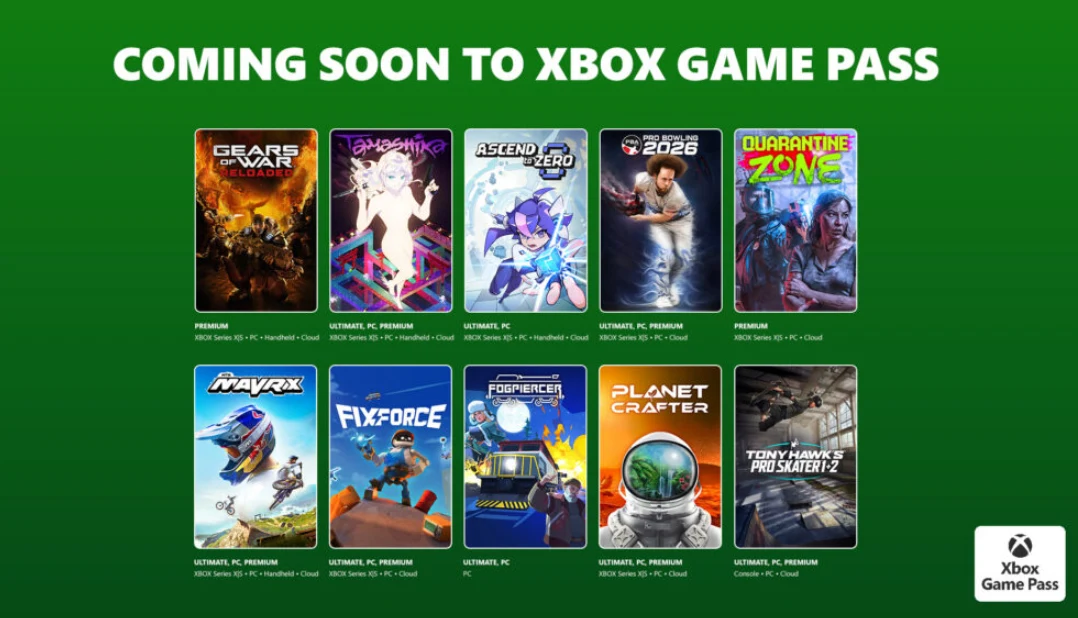 Dziesięć okładek gier wideo zapowiadanych w ramach Xbox Game Pass, każda z widocznym tytułem i kolorową grafiką, ułożonych w dwóch rzędach na zielonym tle z dużym napisem promującym nadchodzące premiery.