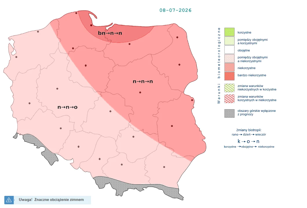 Przez większość dnia w niemal całej Polsce warunki będą niekorzystne - prognozuje IMGW Mapa Polski z podziałem na regiony według stopnia obciążenia zimnem 8 lipca 2026 roku; północna część kraju oznaczona najciemniejszym odcieniem czerwieni prezentuje bardzo niekorzystne warunki biometryczne, a w pozostałych rejonach dominuje umiarkowani...
