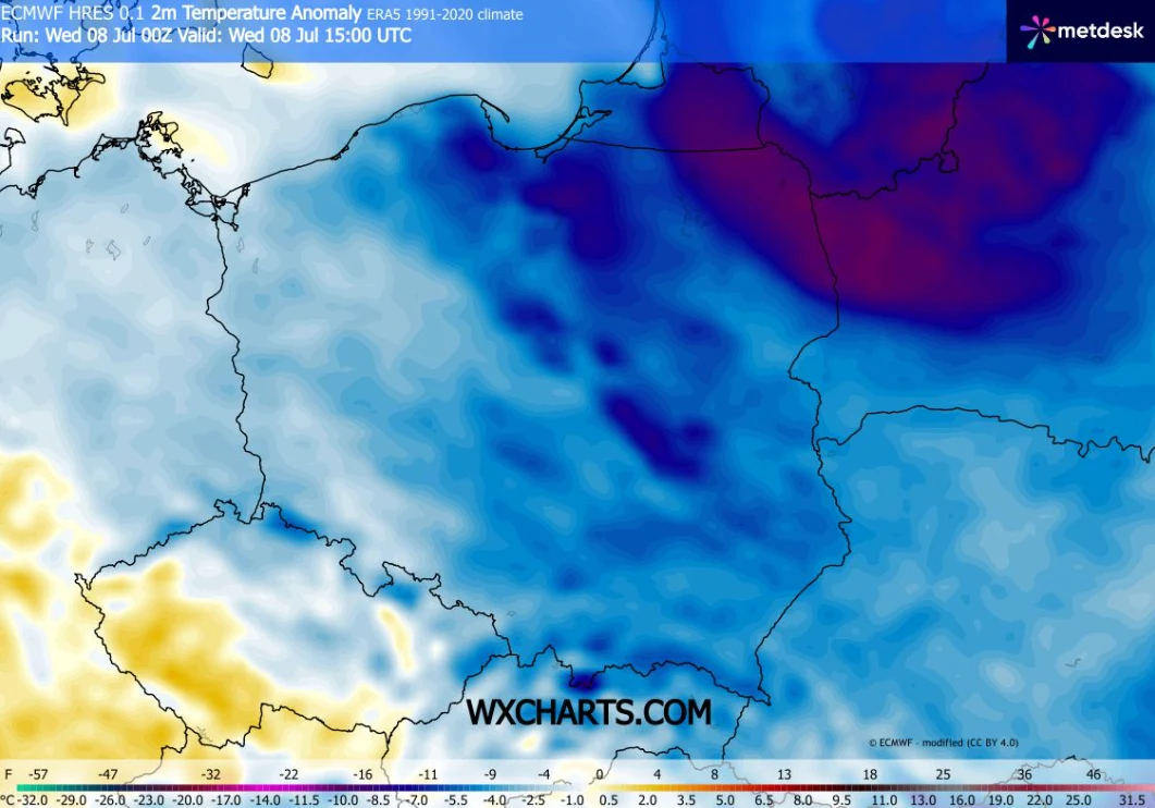 Na północnym wschodzie będzie w środę najchłodniej: około 12 stopni Celsjusza Mapa anomalii temperatury powietrza dla Polski i części Europy Środkowej, z zaznaczonymi wyraźnymi obszarami chłodniejszymi w kolorach niebieskich i fioletowych oraz cieplejszymi w żółciach na południowym zachodzie; widoczne temperatury prognozowane wz...