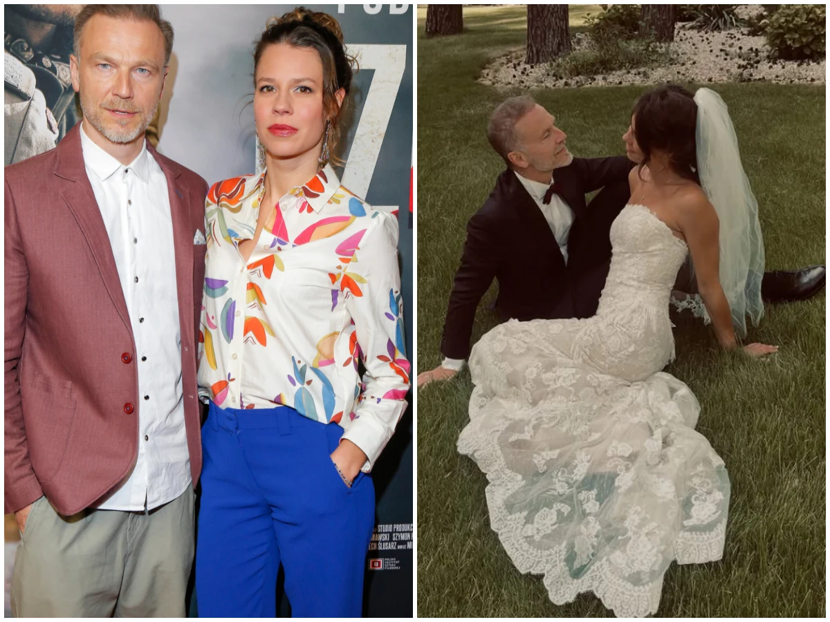 Para pozuje razem – po lewej w eleganckich ubraniach na tle ścianki podczas wydarzenia, po prawej w strojach ślubnych, siedząc na trawie, obejmując się i patrząc sobie w oczy.