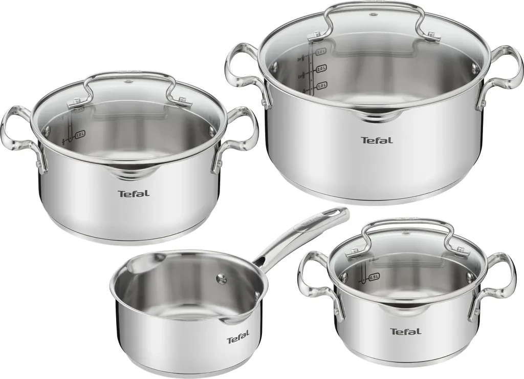 Komplet czterech garnków ze stali nierdzewnej marki Tefal, w tym trzy garnki z uchwytami oraz jedna rondelka z długą rączką, każdy o gładkiej, błyszczącej powierzchni i z czytelnym oznaczeniem pojemności wewnątrz.