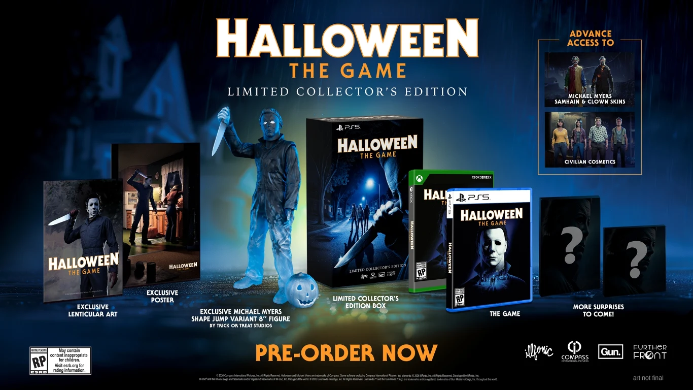 Kolekcjonerska edycja gry Halloween z figurką Michaela Myersa, steelbookiem, ekskluzywnymi grafikami i plakatem, zaprezentowana wraz z opakowaniem gry i dodatkowymi bonusami cyfrowymi.