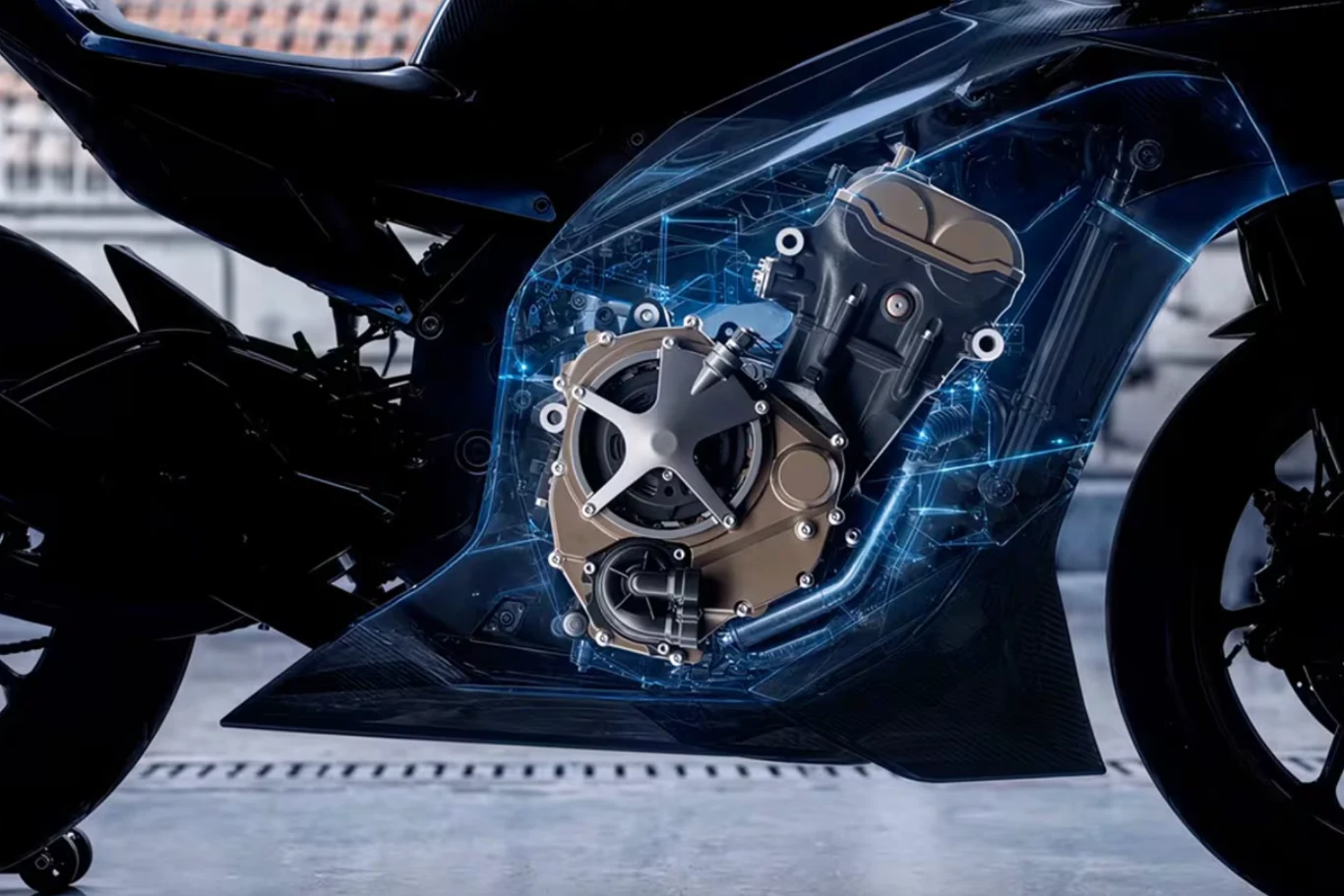 Silnik motocykla eksponowany w efektownej, cyfrowej wizualizacji pokazującej szczegóły konstrukcji i wewnętrzne komponenty mechaniczne maszyny.