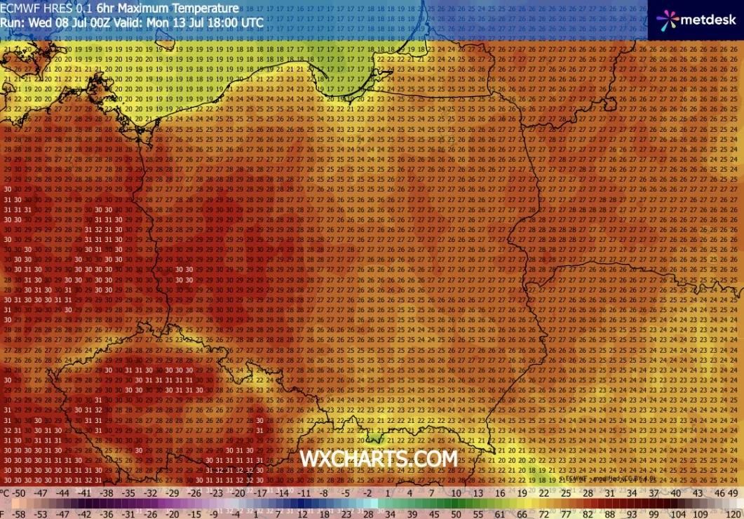 Pierwsze upalnie dni powinny rozpocząć się zaraz po weekendzie - wynika z prognoz IMGW Mapa temperatur maksymalnych pokazująca Polskę i część krajów ościennych, dominują odcienie czerwieni i pomarańczu, sugerując upalne warunki z temperaturami w większości regionów przekraczającymi 30°C.