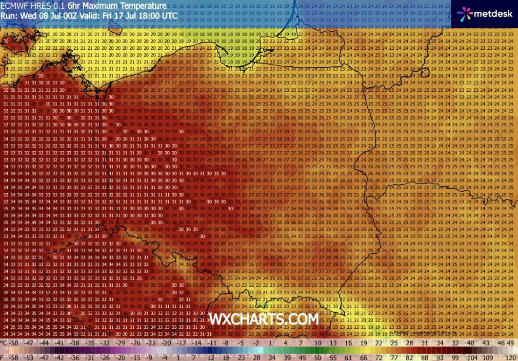 Pod koniec przyszłego tygodnia strefa upałów może się rozszerzyć na większość zachodniej Polski Mapa termiczna Polski z widoczną intensywną falą upałów, jasno pokazująca najwyższe temperatury sięgające 37–39°C w południowo-zachodniej części kraju oraz niższe wartości na północnym wschodzie.