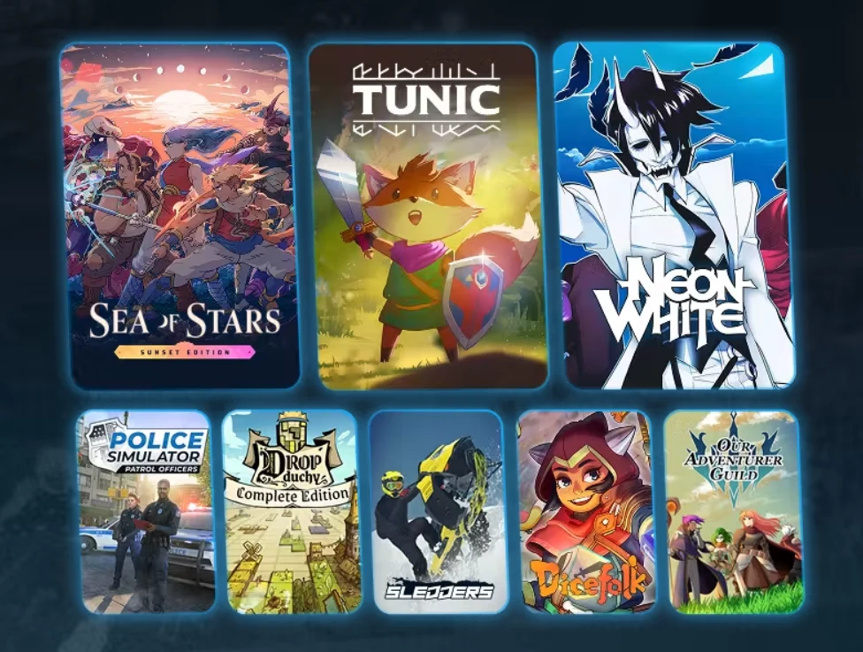 Kolaż siedmiu okładek różnych gier wideo, z charakterystycznymi motywami i postaciami z gier takich jak Sea of Stars, Tunic, Neon White, Police Simulator, Lord of the Click, Sledders, Dicefolk i Your Adventure Guild.