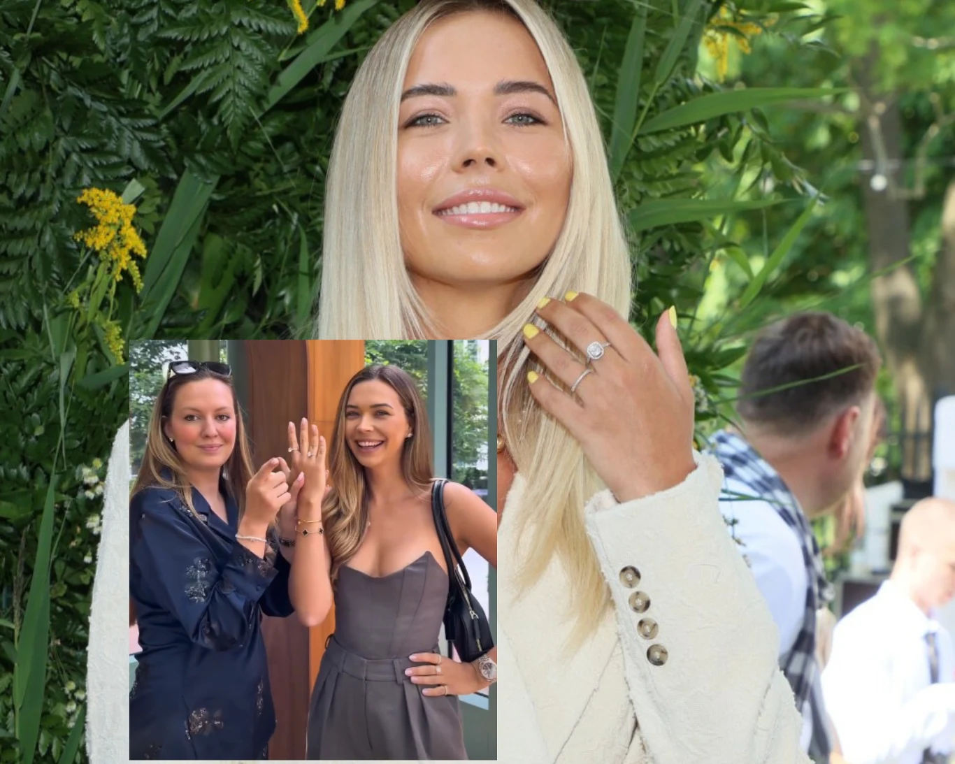 Sandra Kubicka podsyca plotki o zaręczynach Uśmiechnięta kobieta z długimi blond włosami prezentuje rękę z pierścionkiem w otoczeniu zieleni, w rogu zdjęcia dwie kobiety z uśmiechem pokazują swoje dłonie z biżuterią.