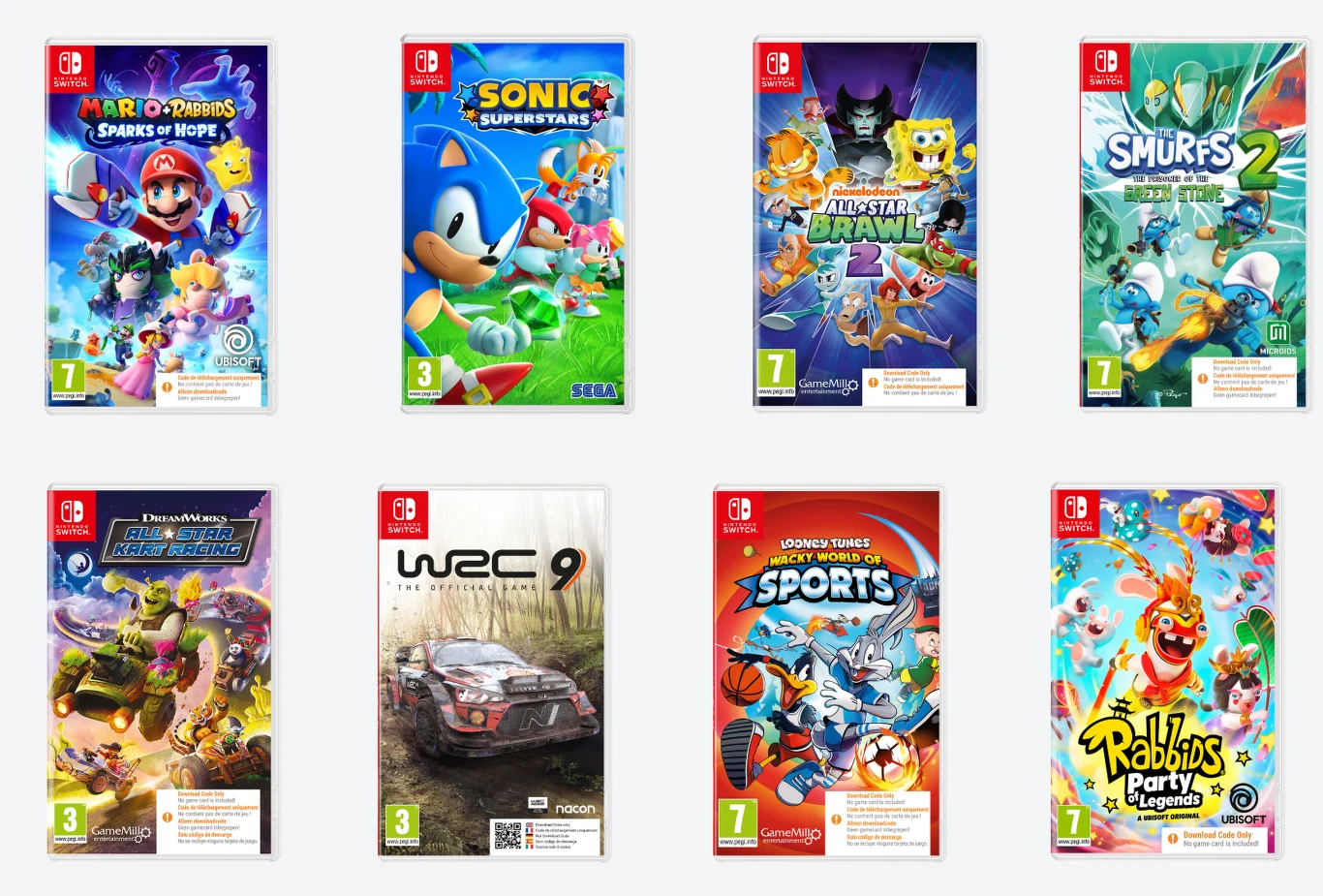 Osiem okładek gier na konsolę Nintendo Switch, w tym tytuły z popularnymi postaciami z serii Mario, Sonic, Smerfy, SpongeBob, Rayman oraz gra wyścigowa WRC 9 i rodzinna kolekcja sportowa.