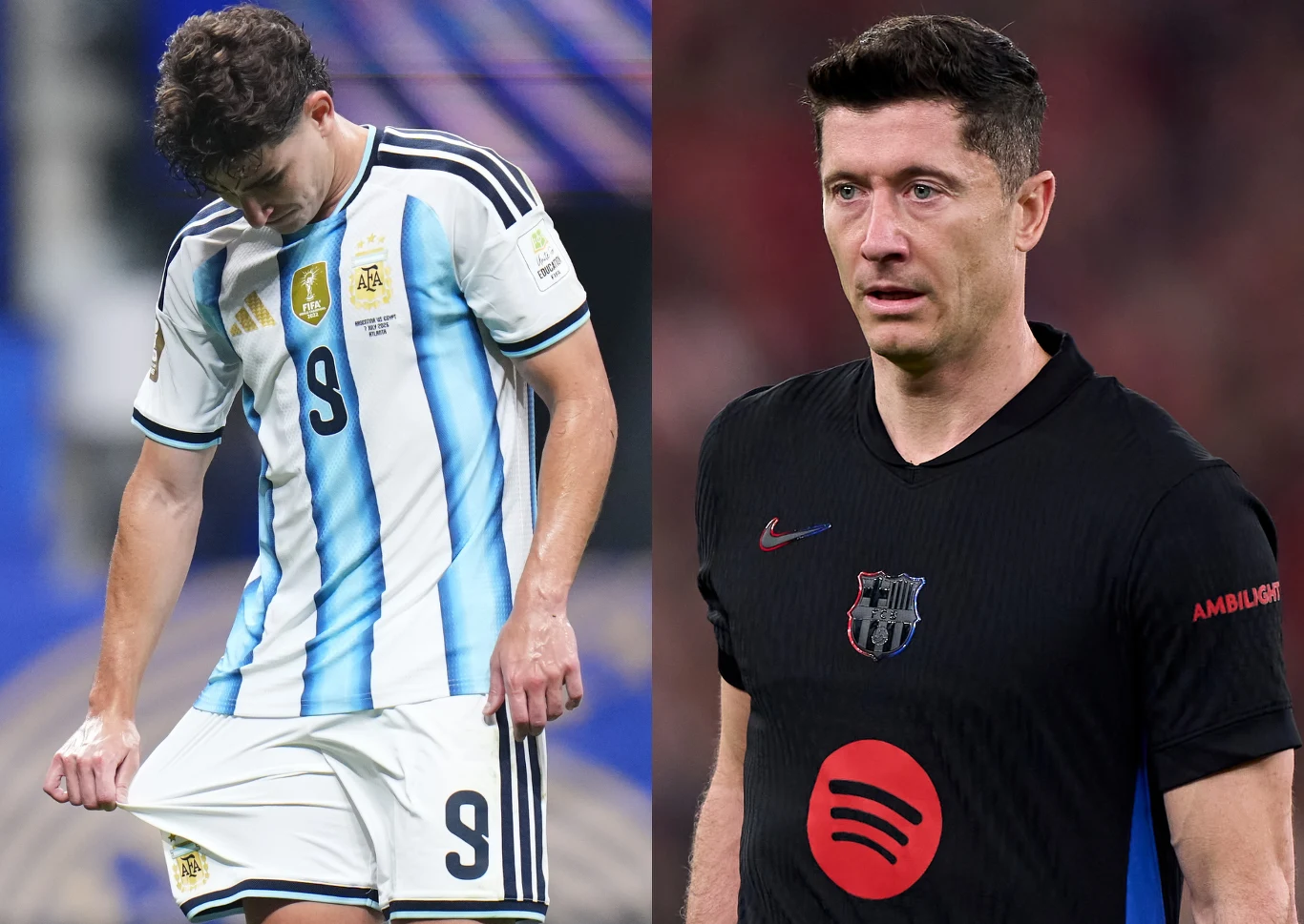 Julian Alvarez i Robert Lewandowski Julian Alvarez w stroju reprezentacji Argentyny obok Roberta Lewandowskiego w czarnej koszulce klubowej.