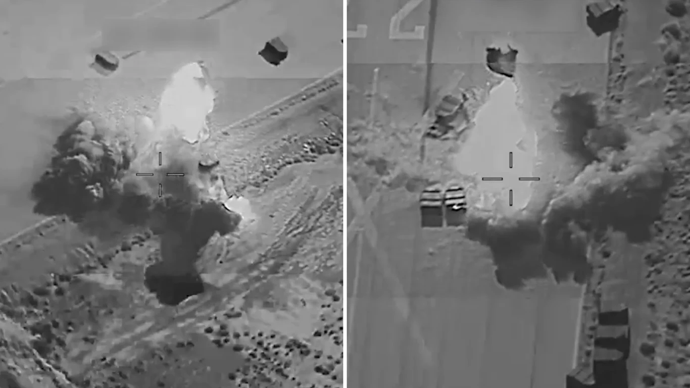 USA wydały komunikat po atakach na Iran Eksplozja budynku w terenie pustynnym, duża chmura dymu i odłamki, widok z powietrza w podczerwieni.