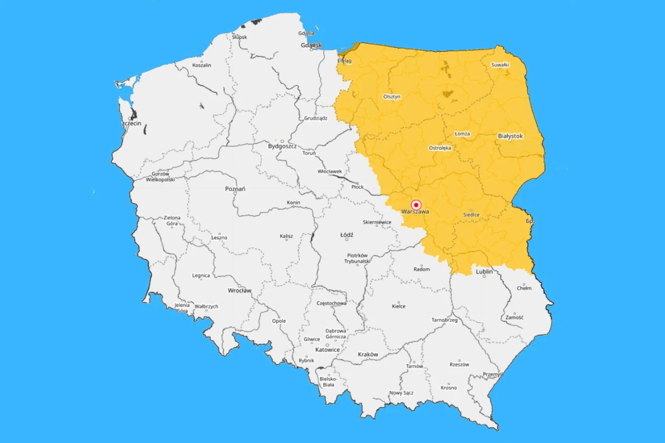 Mapa Polski z zaznaczonym na żółto północno-wschodnim regionem, reszta kraju oznaczona na biało, na mapie widoczne nazwy głównych miast i granice województw.