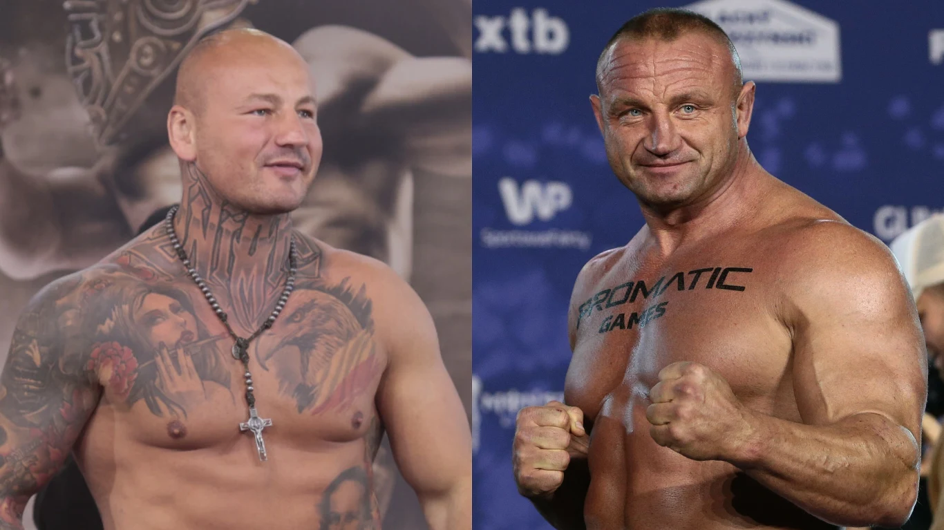 Artur Szpilka, Mariusz Pudzianowski Artur Szpilka i Mariusz Pudzianowski bez koszulek, na tle związanym ze sportami walki, po lewej tatuaże.