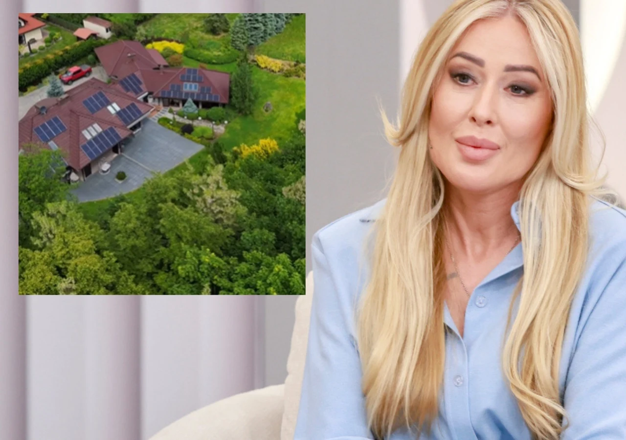 Sylwia Peretti próbuje sprzedać luksusową willę pod Krakowem. Instagram/@:royalspacepoland i @julia.matys.estates Sylwia Peretti w niebieskiej koszuli. Obok zdjęcie jej luksusowej willi.