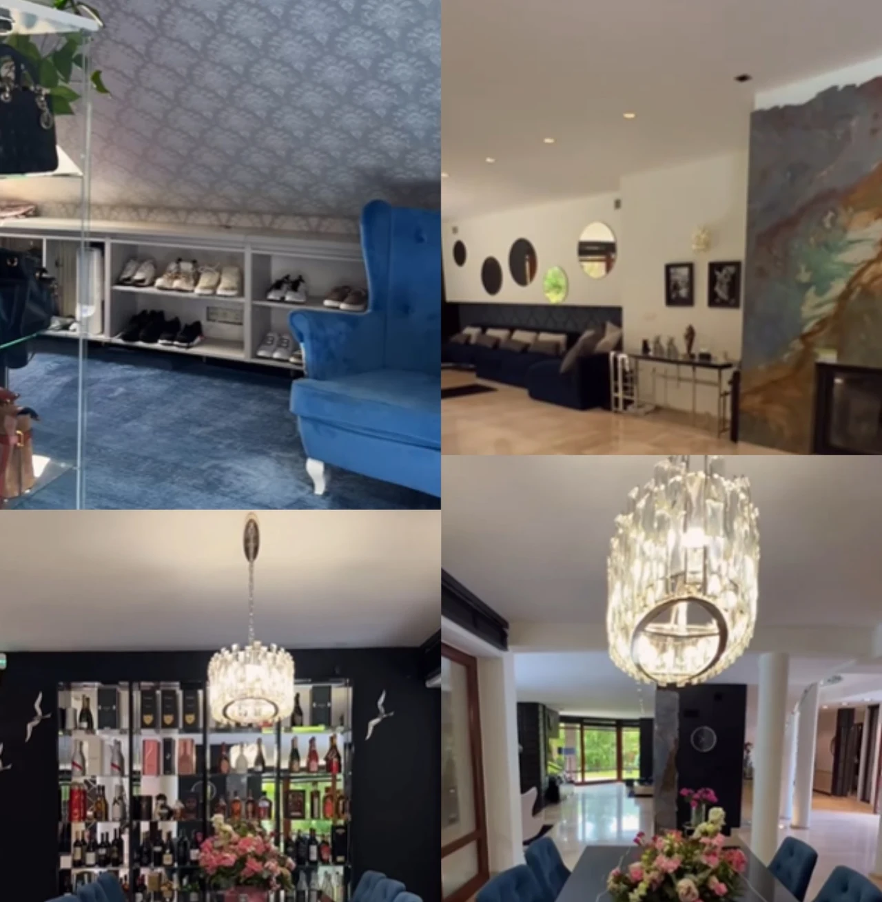Wnętrze domu Sylwii Peretti/Instagram: @royalspacepoland i @julia.matys.estates Nowoczesne wnętrza z eleganckimi niebieskimi sofami, przeszklonym regałem na buty, dekoracyjnym świecznikiem nad stołem z kwiatami oraz stylowym kominkiem ozdobionym sztuką.