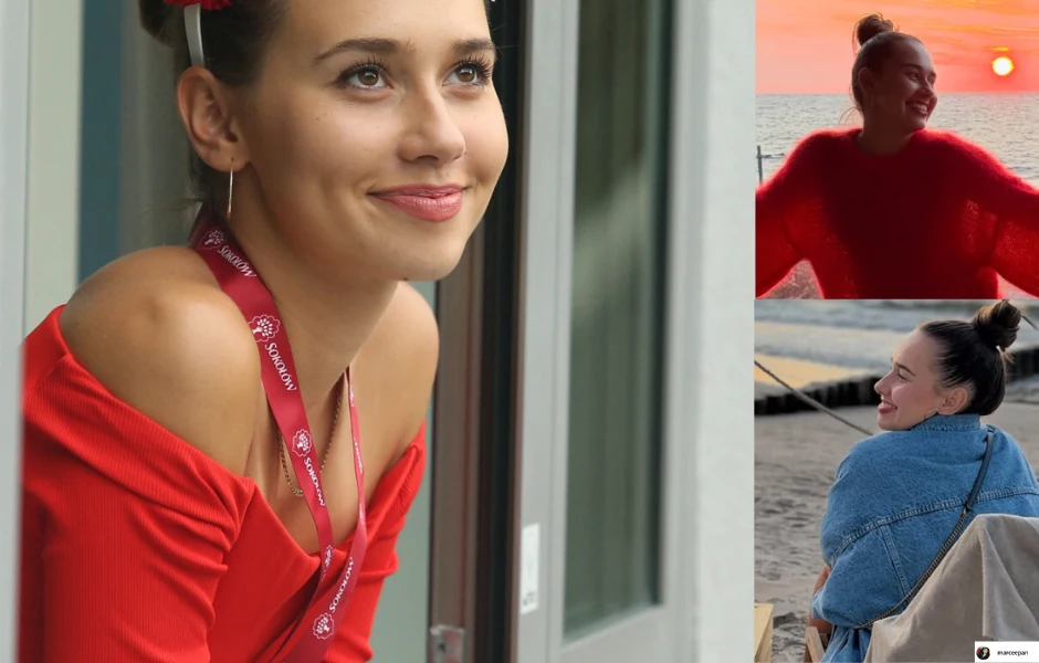 Młoda kobieta w czerwonej bluzce spogląda z uśmiechem na zewnątrz przez otwarte drzwi, a na dwóch mniejszych zdjęciach widoczna jest w czerwonym swetrze na tle zachodzącego słońca nad morzem oraz w dżinsowej kurtce siedząc na plaży.