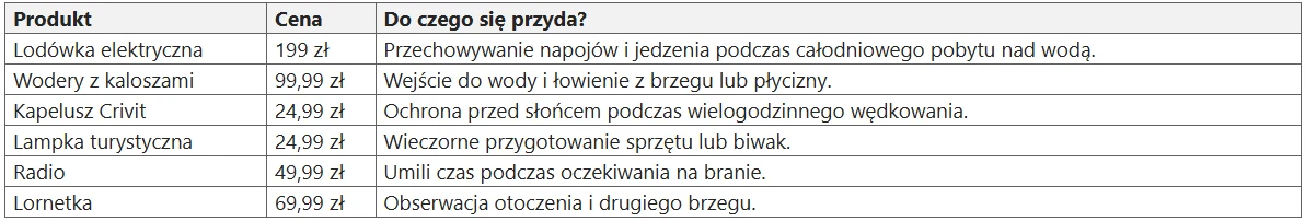 Co kupić na wyjazd nad wodę? Tabela z sześcioma wierszami, zawierająca nazwy produktów przydatnych nad wodą, ich ceny oraz krótkie opisy zastosowania, m.in. lodówkę elektryczną, wodery z kaloszami, kapelusz, lampkę turystyczną, radio i lornetkę.