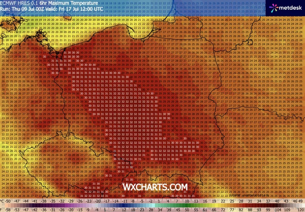 W drugiej połowie przyszłego tygodnia upalnie może być w większości kraju Mapa Polski z prognozowanymi temperaturami maksymalnymi, gdzie centralna i południowa część kraju objęta jest intensywnymi odcieniami czerwieni i największymi wartościami liczbowymi, wskazującymi na upały sięgające nawet powyżej 35°C.