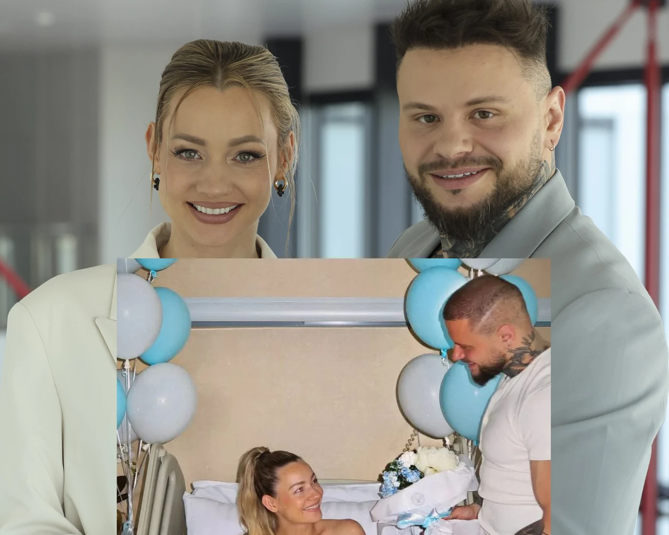 Pamela Stefanowicz i Mateusz Janusz zostali rodzicami Para uśmiechniętych osób obejmuje się, a na wstawionym zdjęciu poniżej kobieta leży w szpitalnym łóżku z noworodkiem na rękach, obok stoi mężczyzna trzymający bukiet kwiatów, wokół dekoracje z niebieskimi i białymi balonami.