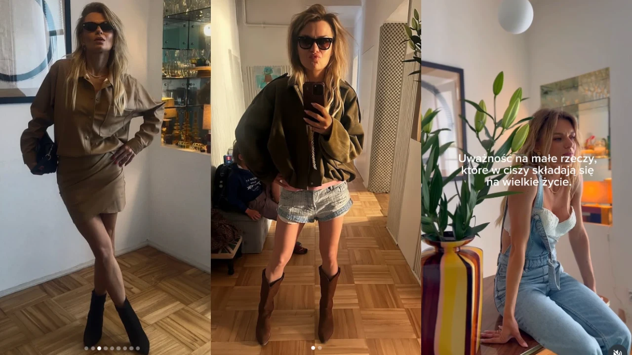 Kobieta w trzech codziennych stylizacjach: kremowa koszula i spódnica z długimi kozakami, luźna kurtka z szortami jeansowymi oraz kozaki, jasny top i niebieskie ogrodniczki na tle roślin i dekoracji wnętrza.