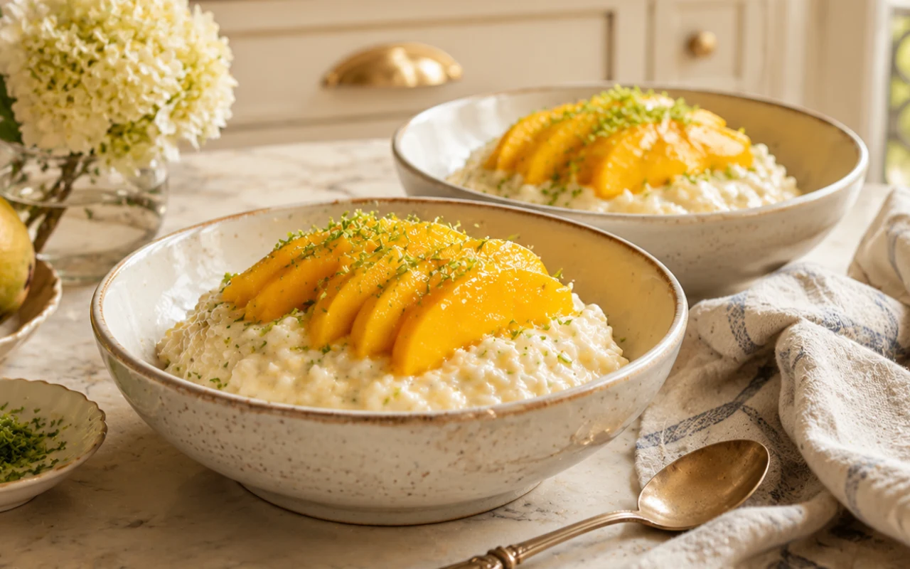 Ryż na mleku kokosowym z mango Dwie miski z ryżem na mleku kokosowym z mango w jasnej kuchni