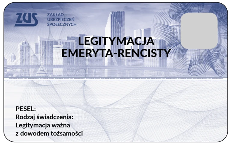 Legitymacja emeryta-rencisty wydana przez Zakład Ubezpieczeń Społecznych z miejscem na zdjęcie, nadrukowanym napisem i informacją o konieczności okazania dowodu tożsamości.