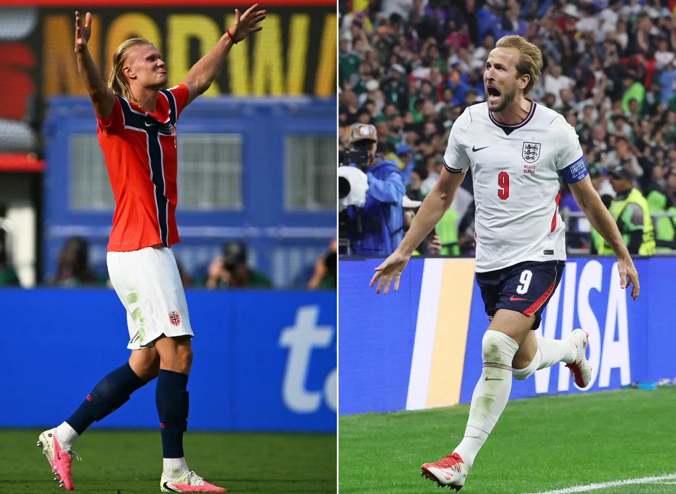 Mecz Norwegia - Anglia w półfinale mundialu 2026 to także pojedynek Erlinga Haalanda z Harrym Kane'm Erling Haaland i Harry Kane podczas meczu Norwegia - Anglia, każdy w stroju swojej reprezentacji.