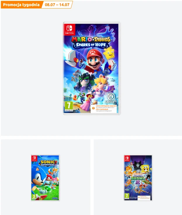 Trzy okładki gier na konsolę Nintendo Switch, z których centralnie umieszczona „Mario + Rabbids: Sparks of Hope” jest wyróżniona jako promocja tygodnia, a pod spodem widoczne są mniejsze okładki gier „Sonic Superstars” oraz „Mario + Rabbids: Kingdom Ba...