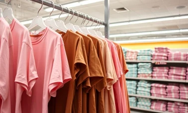 Wieszak z różowymi i brązowymi koszulkami damskimi w sklepie dyskontowym — promocje z gazetki Pepco