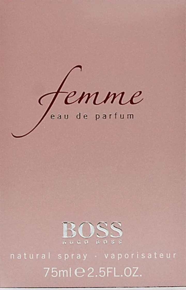 Różowe opakowanie perfum BOSS Femme z eleganckim napisem oraz informacją o pojemności 75 ml.