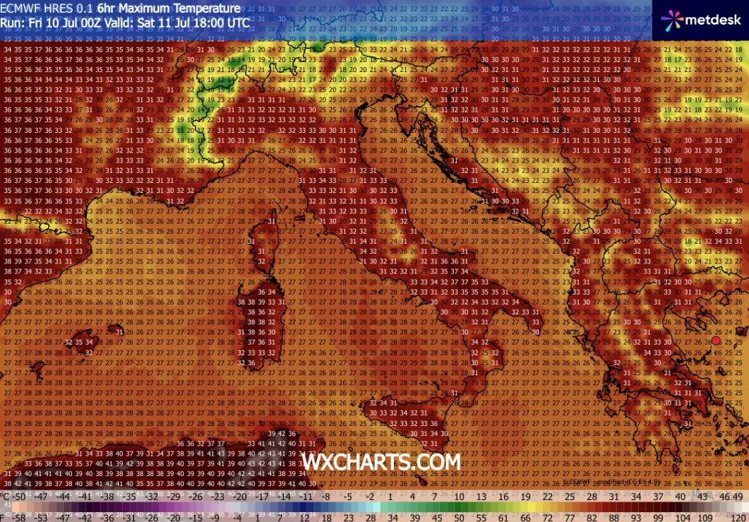 Upał we Włoszech jeszcze nie osiągnął apogeum. Niedługo miejscami zbliży się do poziomu 40 stopni Mapa temperatur maksymalnych dla regionu Morza Śródziemnego z wyraźnym zaznaczeniem upałów przekraczających 35°C na dużym obszarze Włoch, południowej Francji, Hiszpanii oraz Bałkanów, z wartościami szczególnie wysokimi wokół wybrzeży i w centralnej czę...