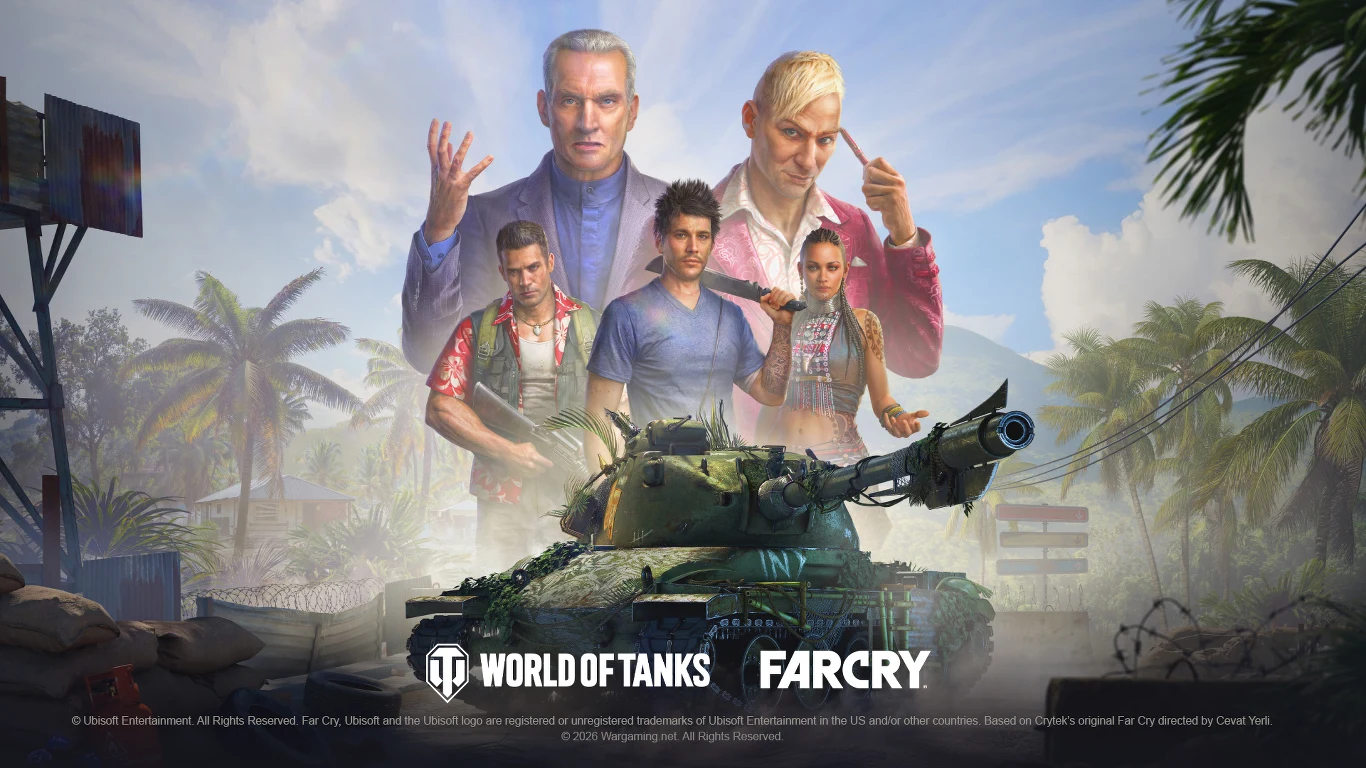 Czterech wyrazistych bohaterów z gier stoi na tle tropikalnego krajobrazu z palmami, a na pierwszym planie znajduje się czołg; na dole widoczne są logotypy World of Tanks oraz Far Cry.