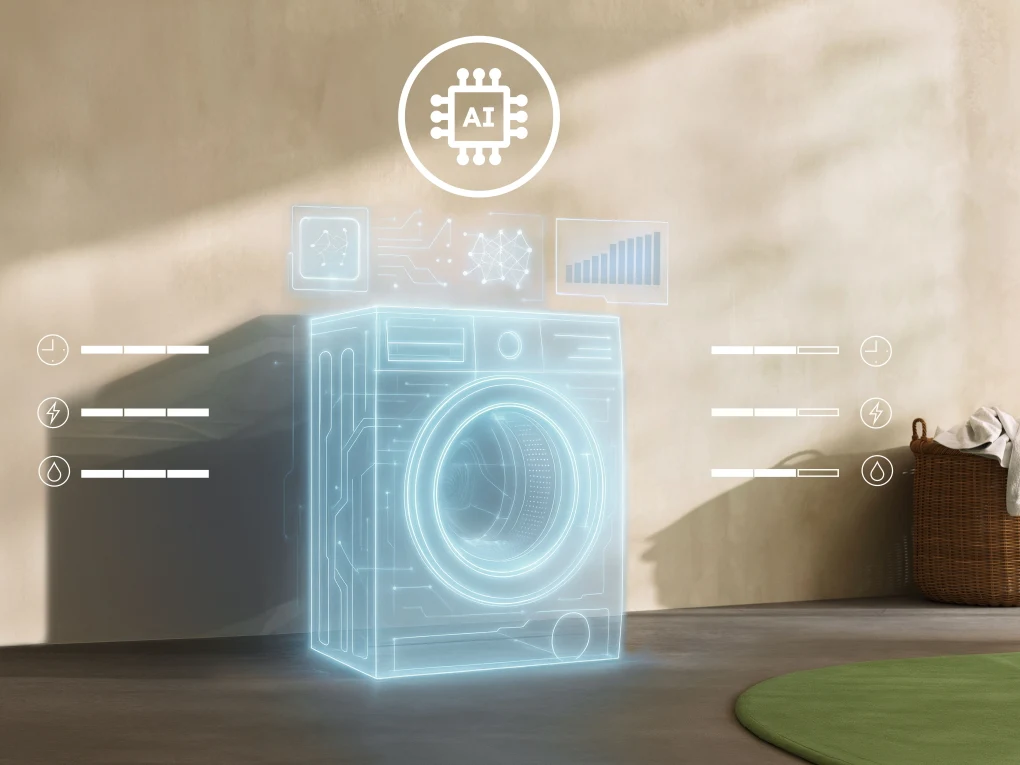 Najszybsze pranie przy pełnym załadunku. Czyste ubrania w 45 minut w temperaturze 30°C z programem FullWash Holograficzny model pralki z wyświetlanymi symbolami technologii sztucznej inteligencji oraz parametrami pracy, na tle jasnej ściany i zielonego dywanu.